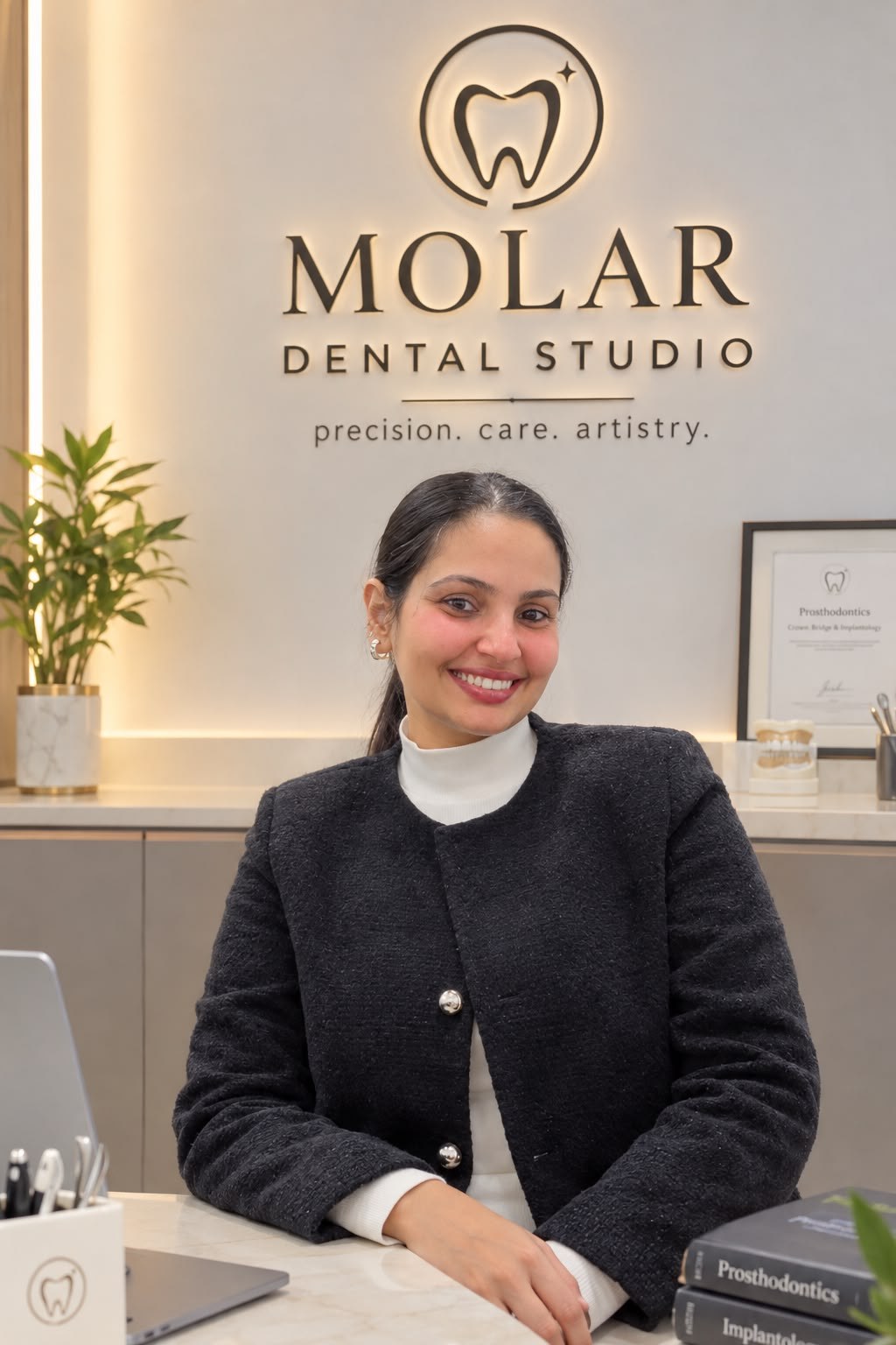 Dr. Mansi Dahiya Malik at her desk in Molar Dental Studio, the clinic's monogram and the words precision, care, artistry on the wall behind her