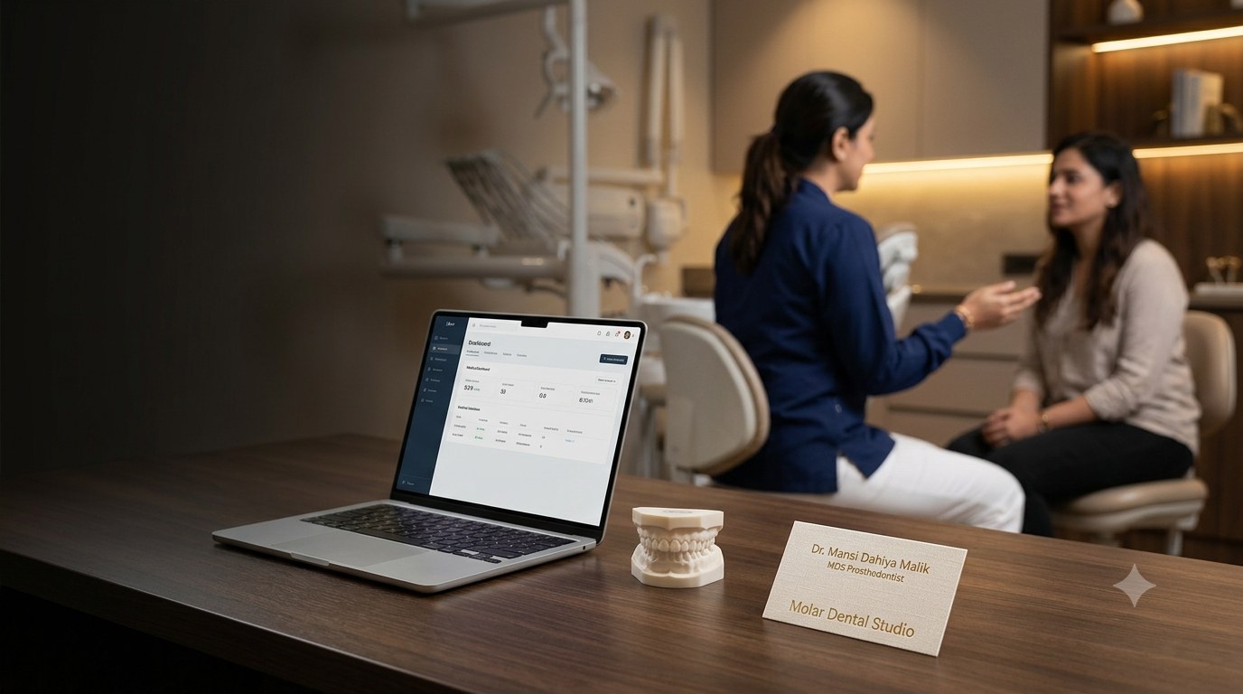 A consultation in progress at Molar Dental Studio, with a treatment plan on screen and a study model on the desk
